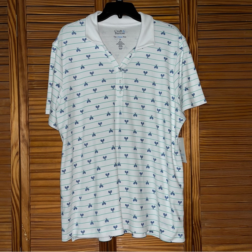 Croft & Barrow The Classic Polo Short Sleeve White Tennis Racket Pattern Size 2X